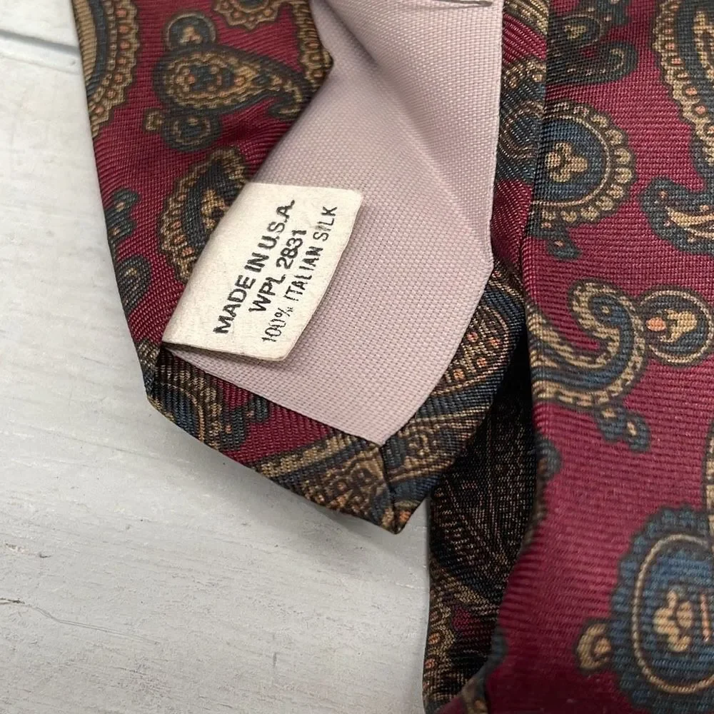 Vintage Mario Valentino Silk Ties For Mens Maroon Midnight Blue Paisley Print US
